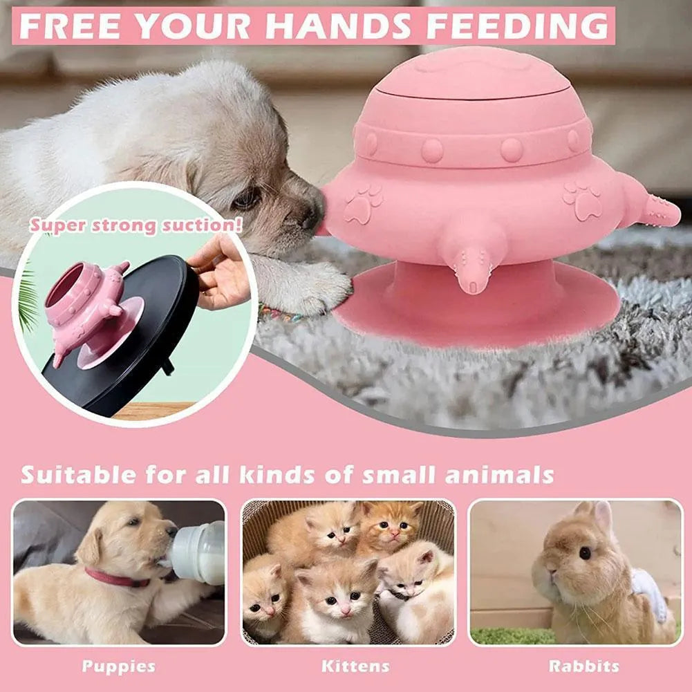 Pink silicone pet nursing feeder with milk bowl and pacifiers for puppy and kitten milk feeding