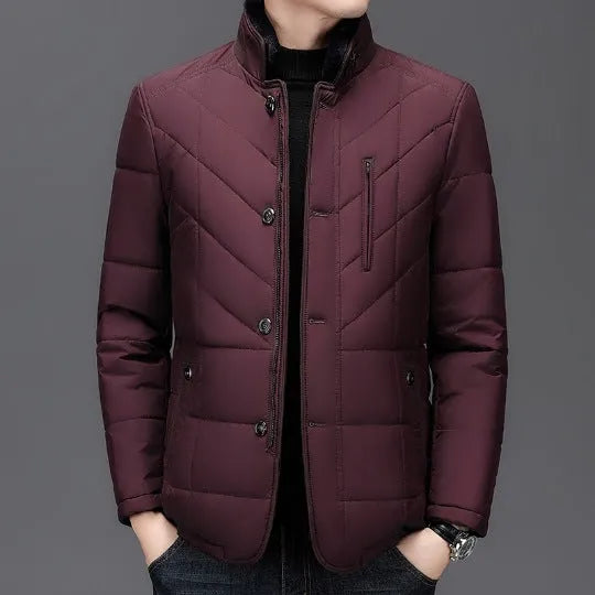 Men's solid colour winter coat with cotton filler and side seam pockets in dark blue, wine red or dark green