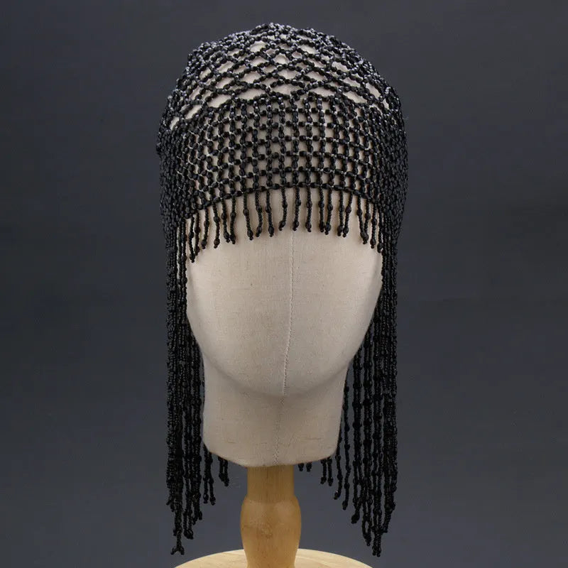 Alloy belly dance headwear with handmade beaded mesh decorative design and tassel