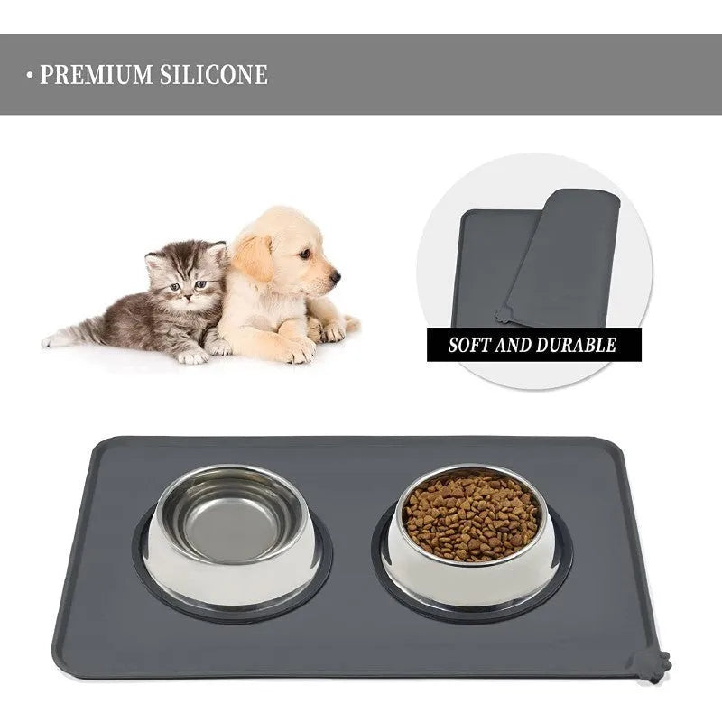 Silicone pet placemat with dog's paw design in gray, for cat and dog food bowls