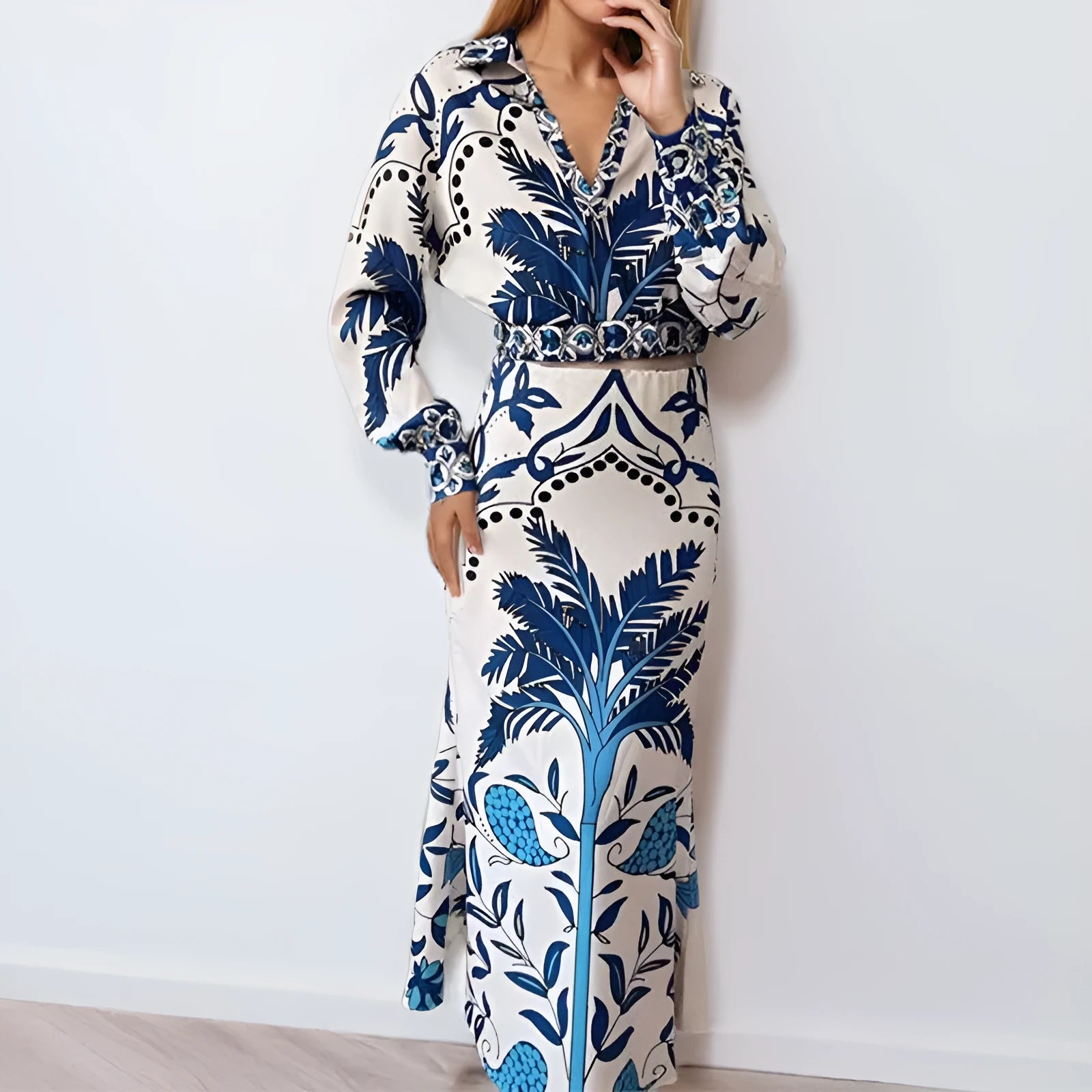 Women's early spring floral print two-piece co-ord set with long sleeve top and matching long skirt