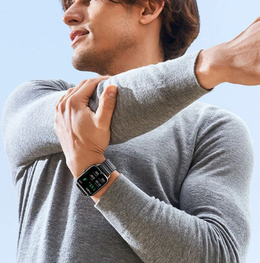 HAYLOU RS4 Plus black smartwatch with AMOLED screen on wrist displaying workout stats.