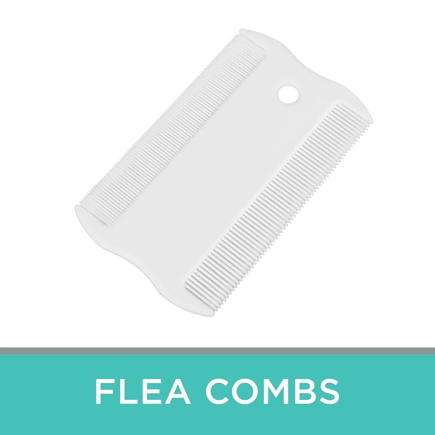 A small white plastic double-sided flea comb for pets, shown next to a ruler for scale.