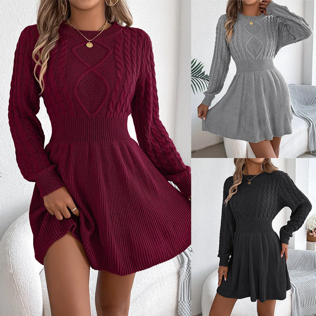 Solid colour artificial fur sweater dress with lantern sleeves and an elastic twist waist.