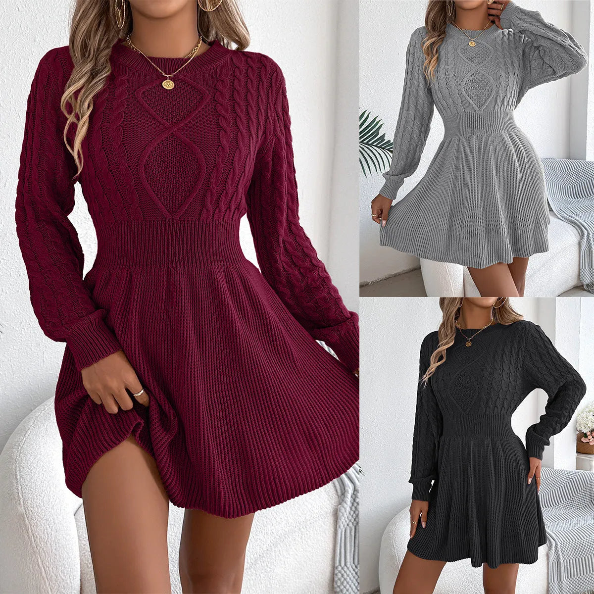Solid colour artificial fur sweater dress with lantern sleeves and an elastic twist waist.