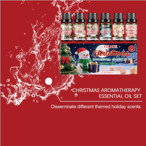 Christmas aromatherapy oil gift set showing six 60ml bottles of scented oil for home fragrance.
