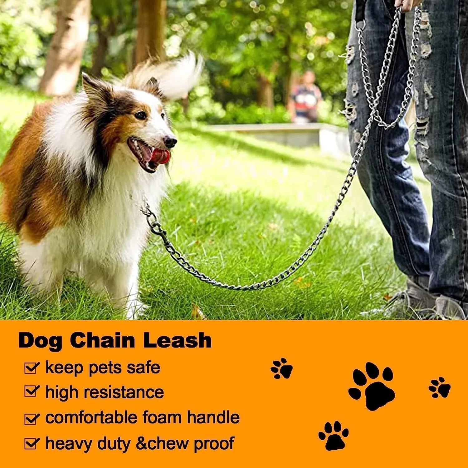 Heavy duty metal dog leash chain with soft black padded handle, shown at full 120cm length.