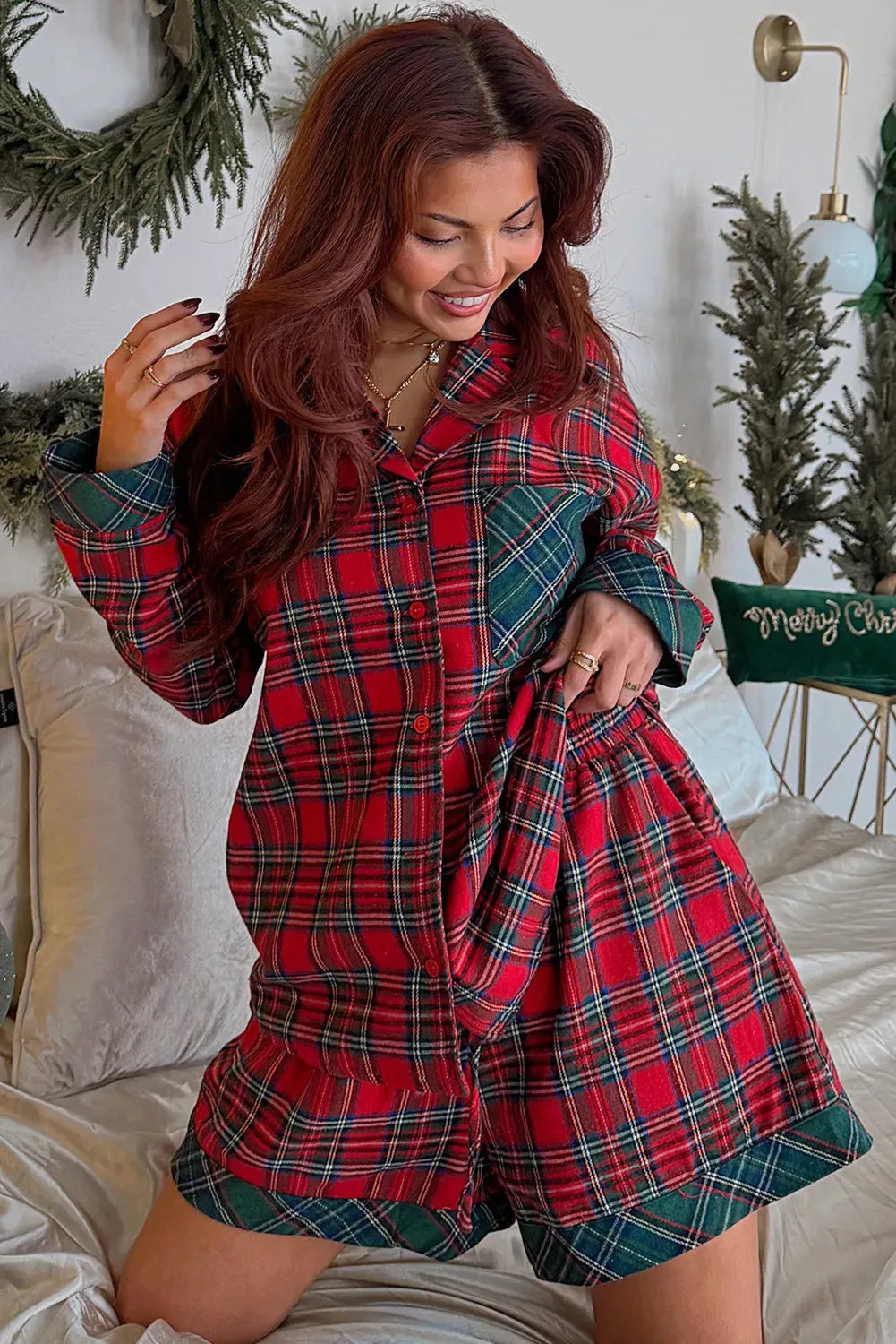 Red plaid Christmas pyjama set with contrast patches, includes shirt and shorts