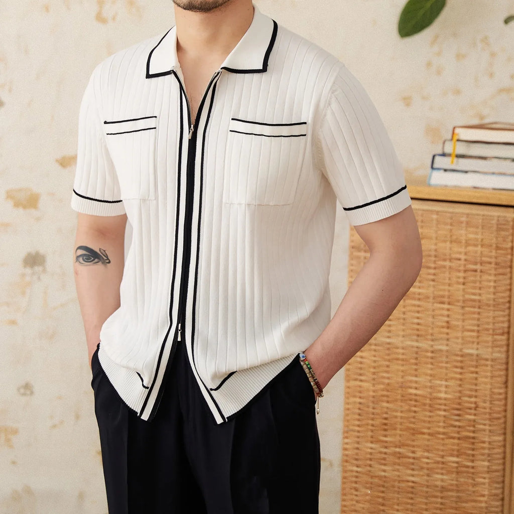 Slim fit men's polo shirt with elastic lapel collar in black and white colour options