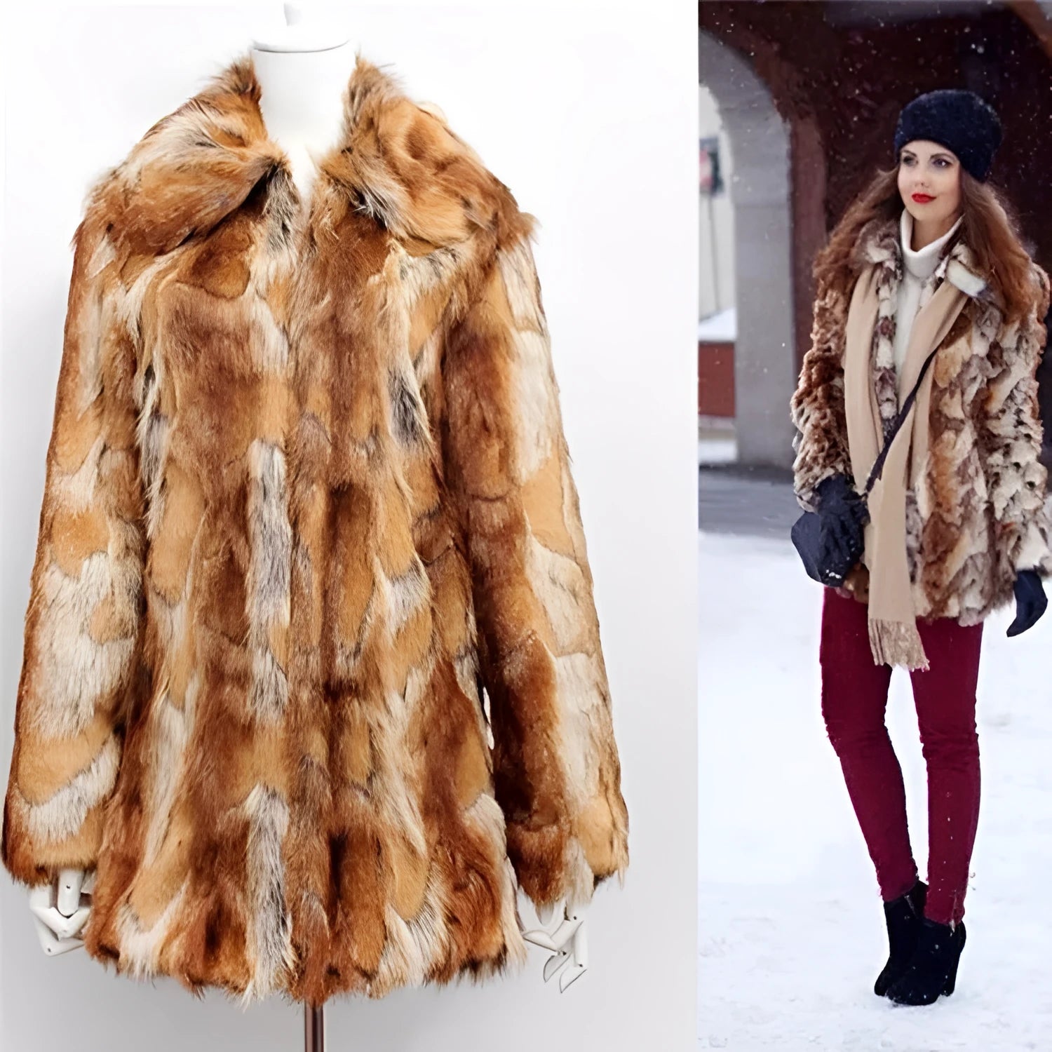 Women's tiger pattern faux fur leather jacket with slim fit and 65cm medium length