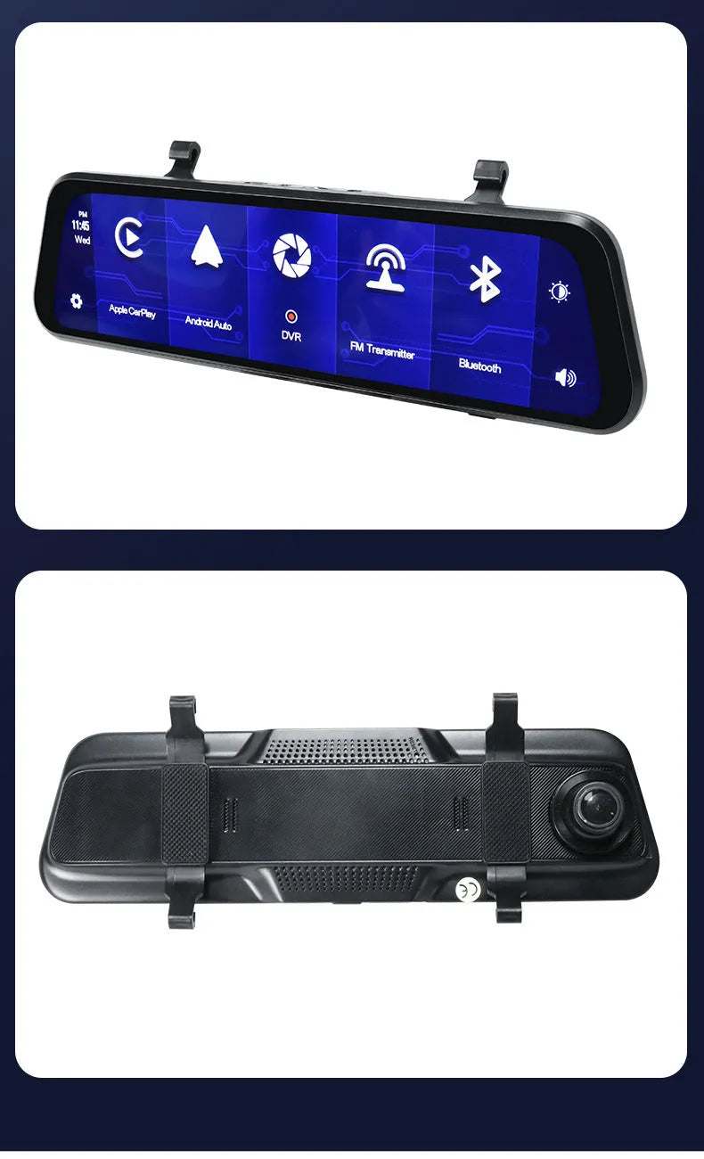 Black 9.66-inch touch screen car GPS navigation with dual cameras and DVR loop video