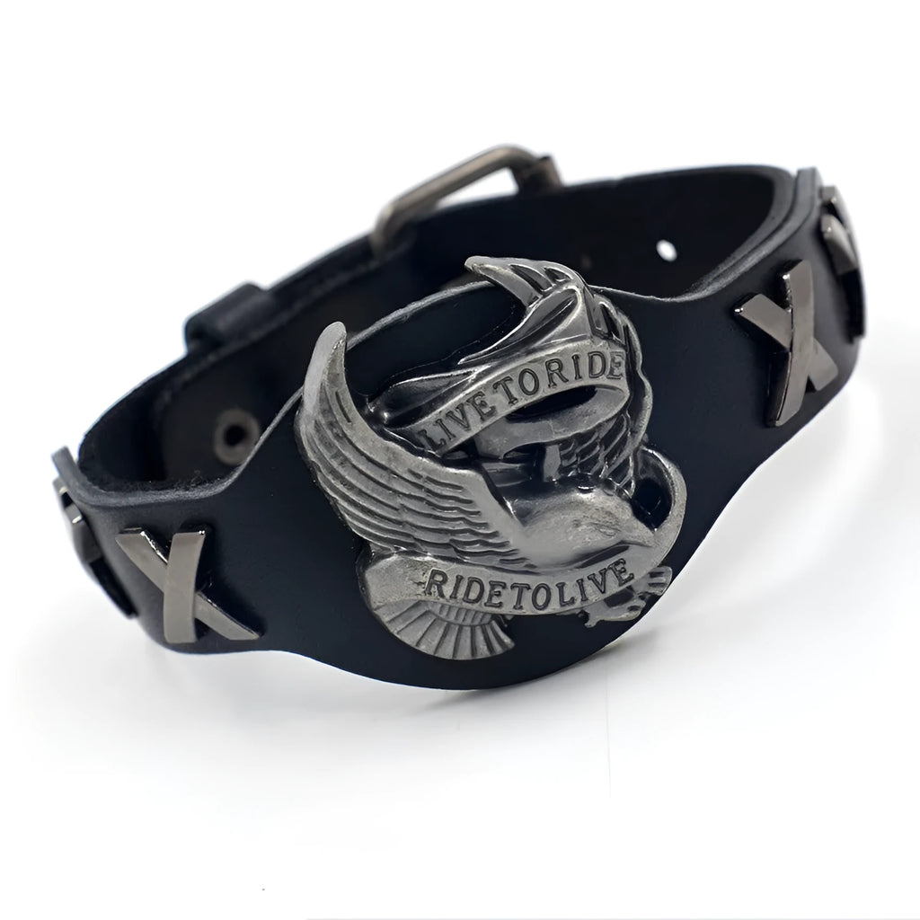 Black leather bracelet with alloy eagle watch-style clasp, geometric shape design