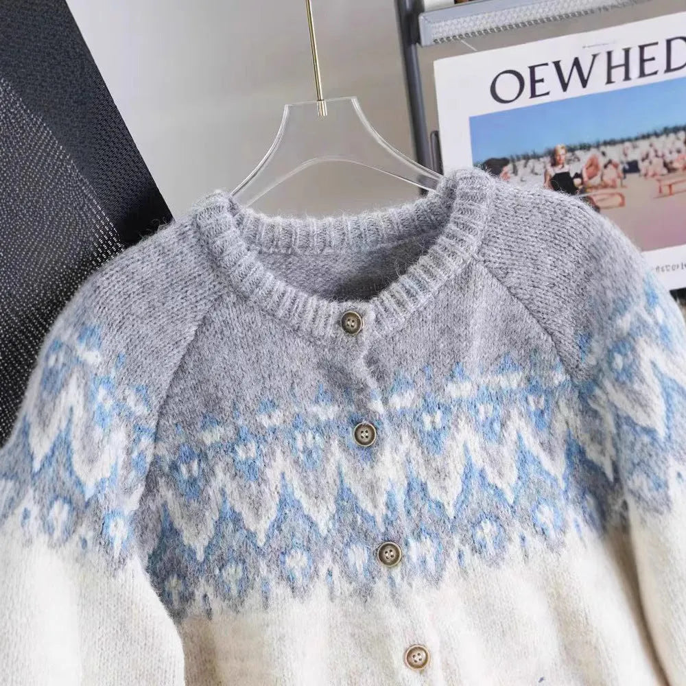 Women's loose fit jacquard knit sweater coat in milky white, shown front view.