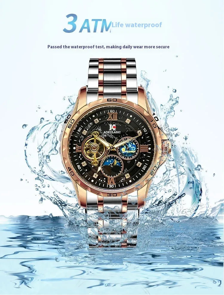 Men's rose gold automatic mechanical watch with black dial and 12mm thick case.