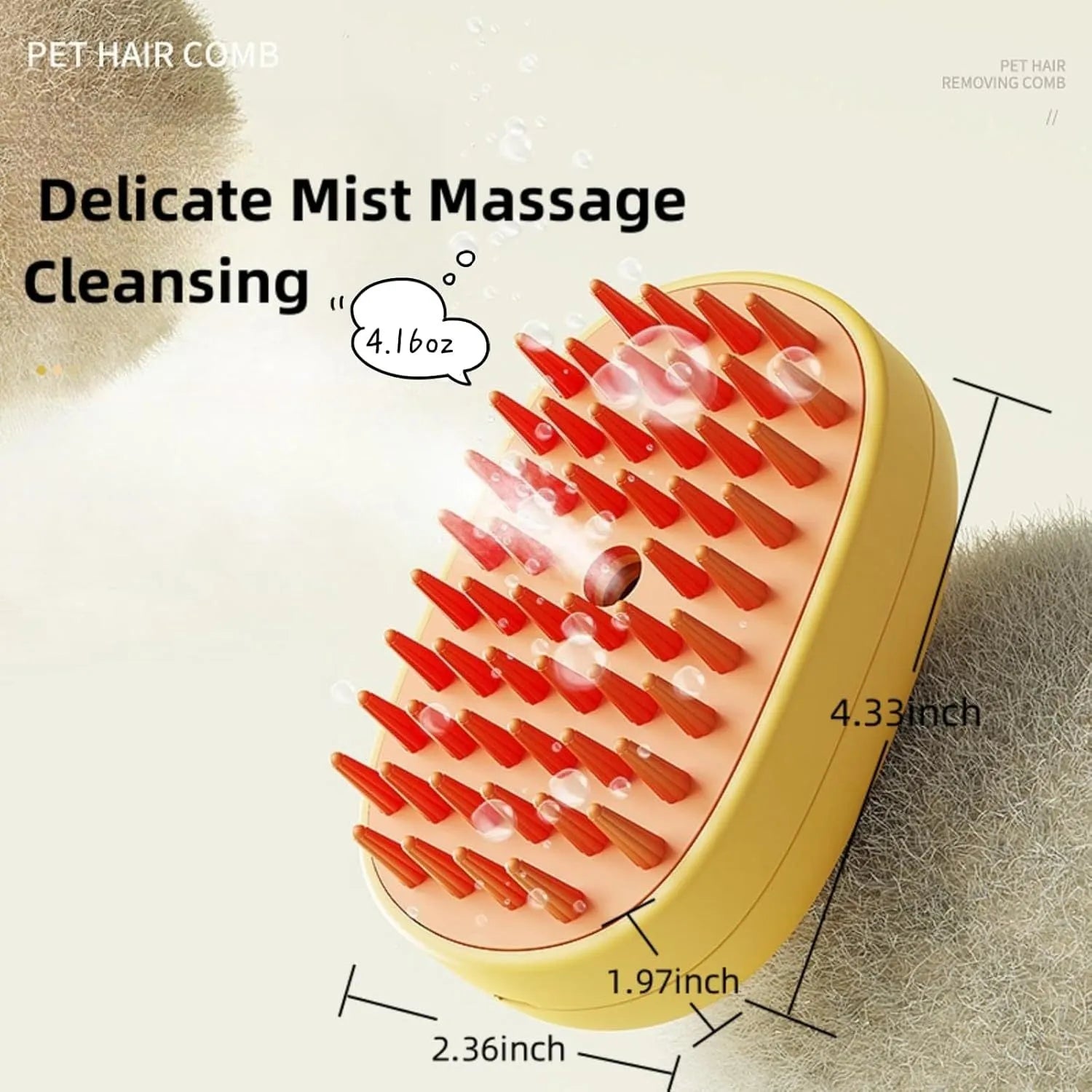 White rechargeable steam pet brush with soft rubber teeth and water tank for grooming dogs and cats.