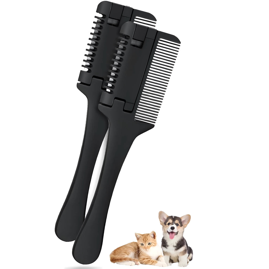 Pet razor comb for dogs and cats with detangling teeth and cutting blades, includes ten spare blades.
