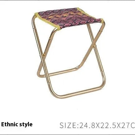 Black aluminium alloy folding stool with ethnic style pattern, shown in folded and unfolded positions