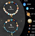 Set of two natural stone beaded bracelets showing zodiac sign designs on a neutral background.