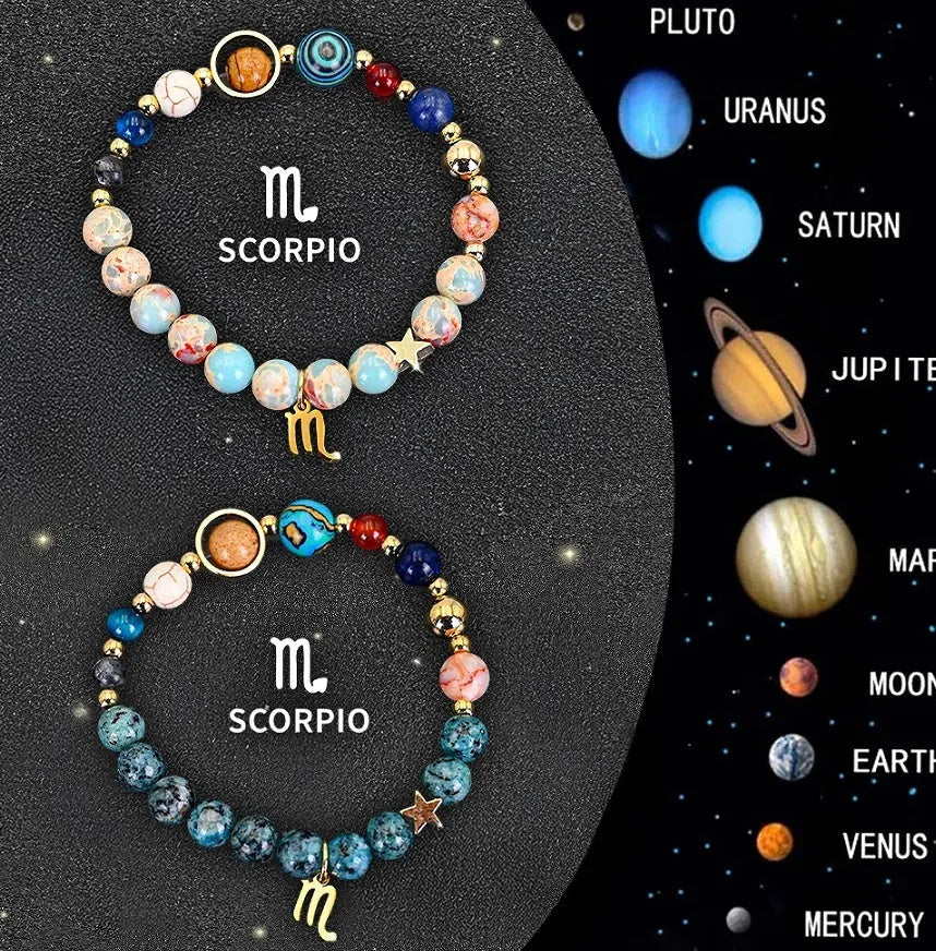 Set of two natural stone beaded bracelets showing zodiac sign designs on a neutral background.