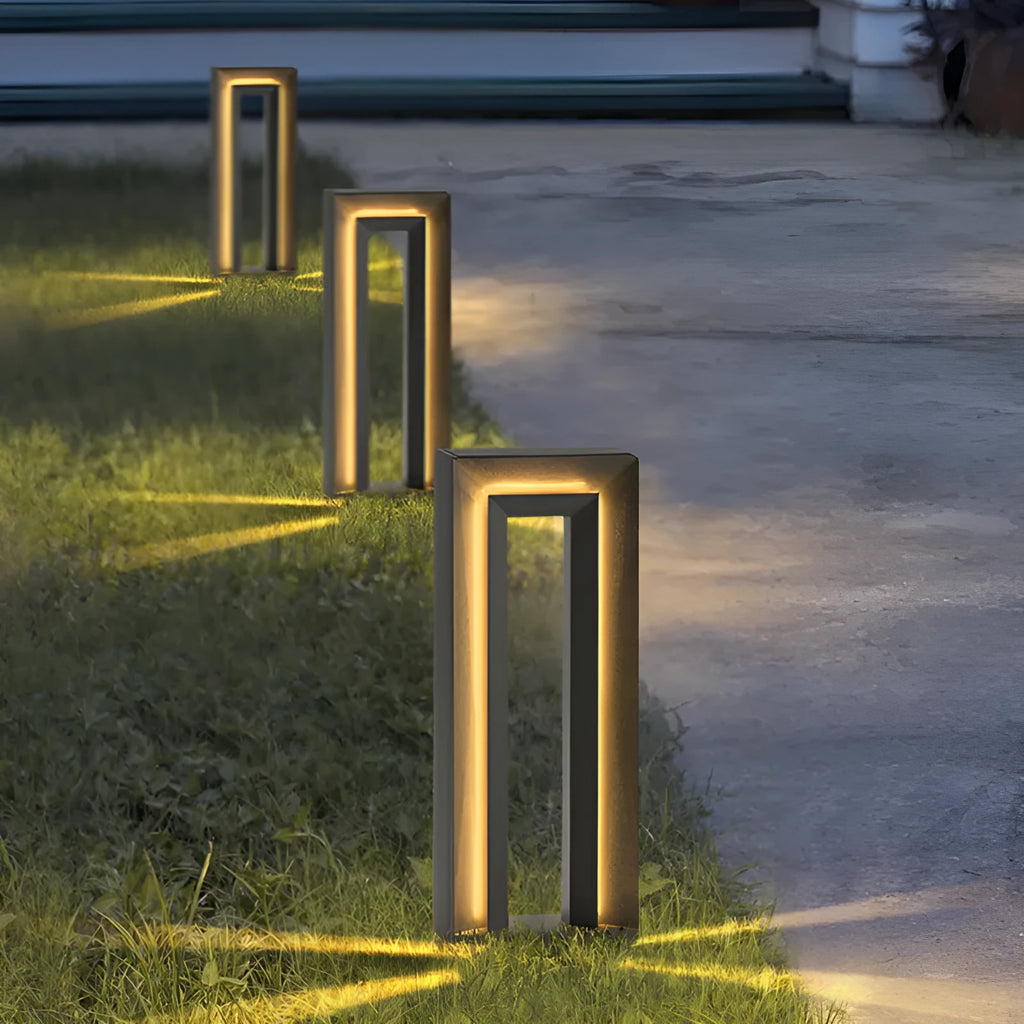 Solar square outdoor garden landscape lamp in geometric abstract art design, stainless steel and acrylic, IP65 waterproof, 62cm height