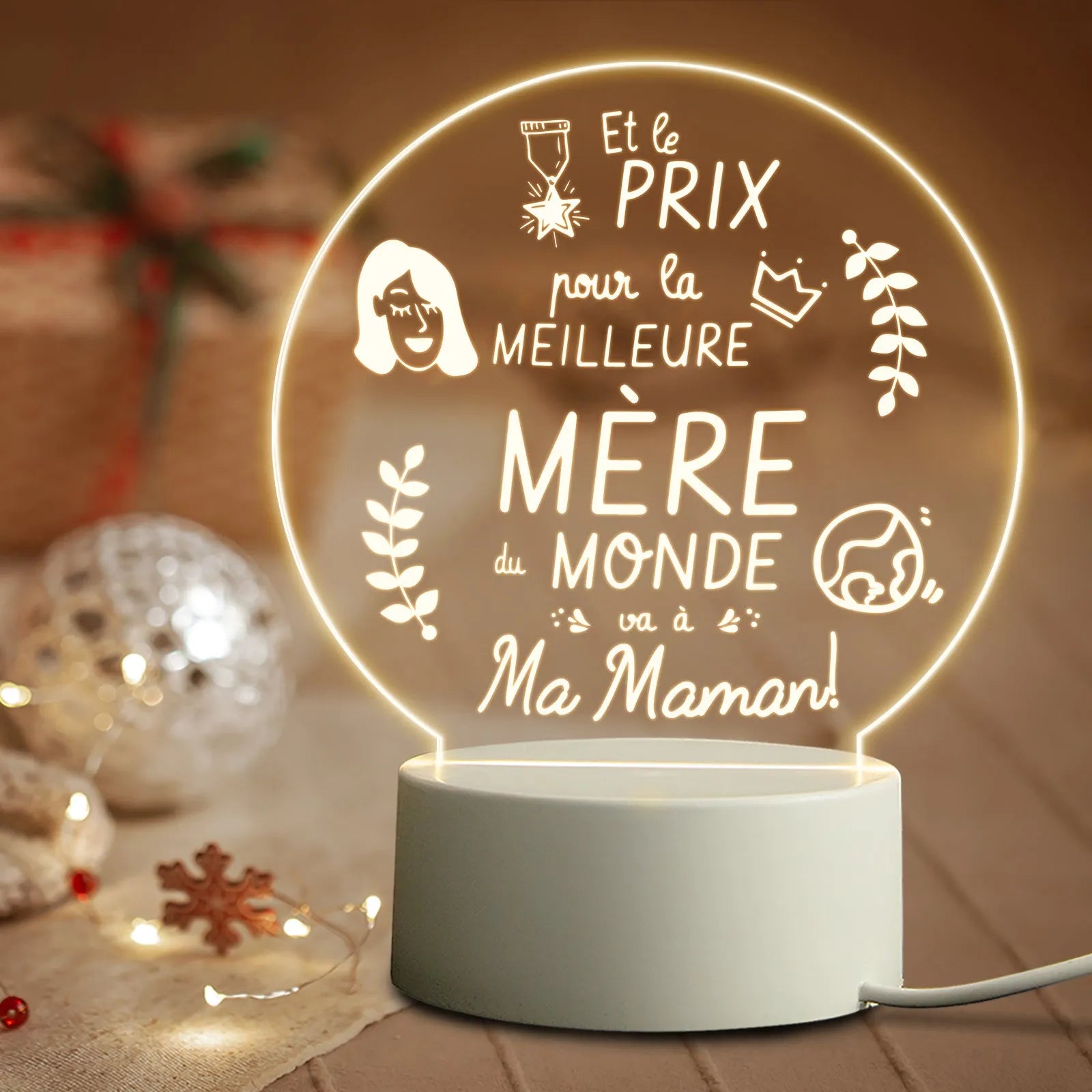 Acrylic LED night light with warm light on white base, USB powered, modern minimalist bedside decoration