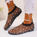 Women's flat mesh sandals with colourful rhinestone decoration on heel strap