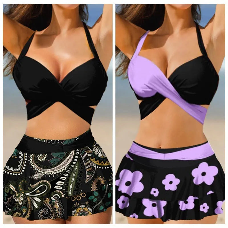 Purple women's bikini set showing lace-up backless top and high-waist briefs with a split skirt.