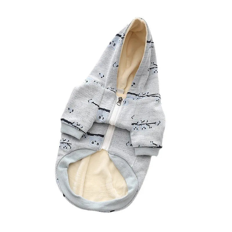 Blue casual cotton dog sweater with zipper and dog pattern on coat