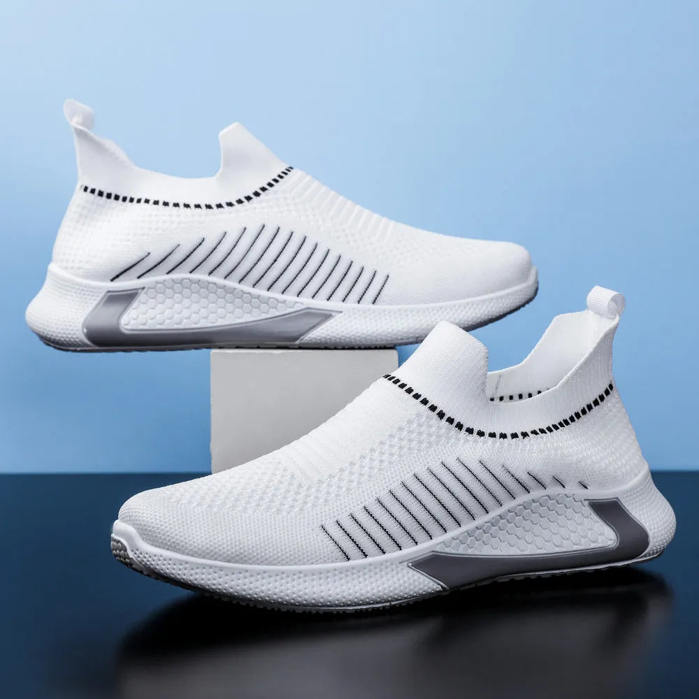 Men's striped mesh sock shoes with flyknit upper and lace-up front in three colour options