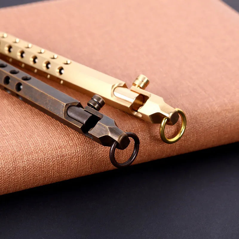 Brass hexagonal bolt pen with 6-angle design showing length and diameter dimensions