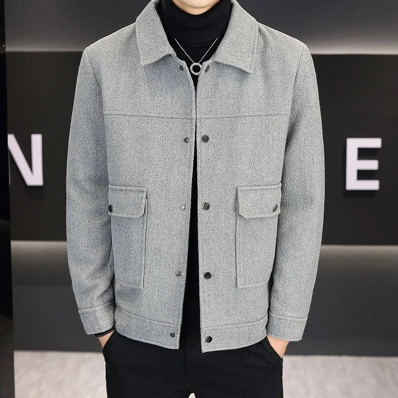 Khaki cotton blend casual jacket with a polo collar and side seam pockets on a mannequin.