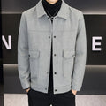 Khaki cotton blend casual jacket with a polo collar and side seam pockets on a mannequin.