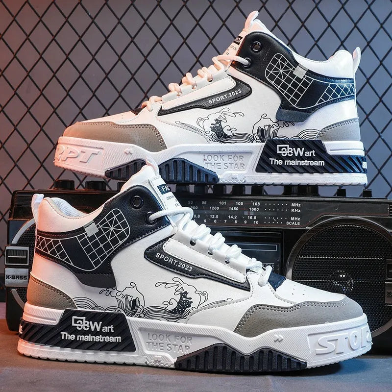Men's beige and white high-top board shoes with a lace-up front and rubber sole.