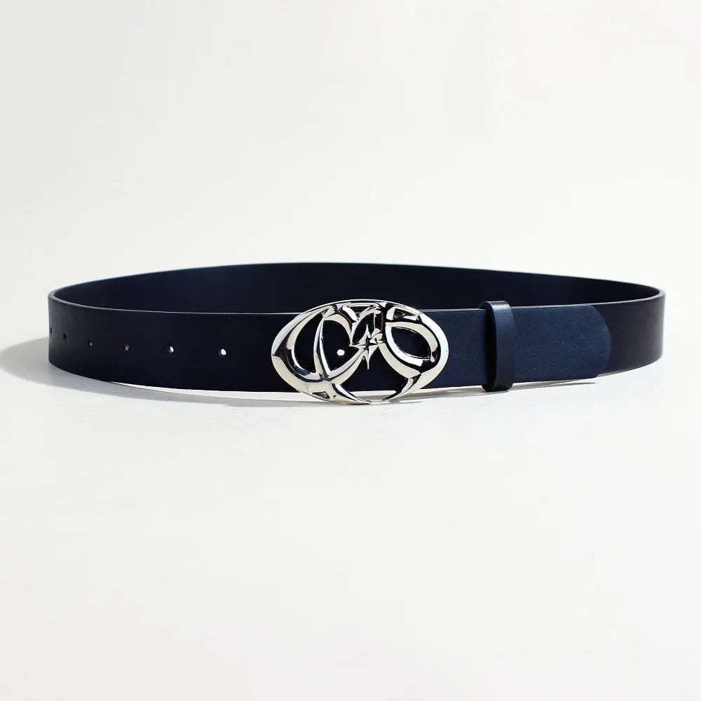 Men's silver buckle casual belt with PU leather strap, showing snap button closure.