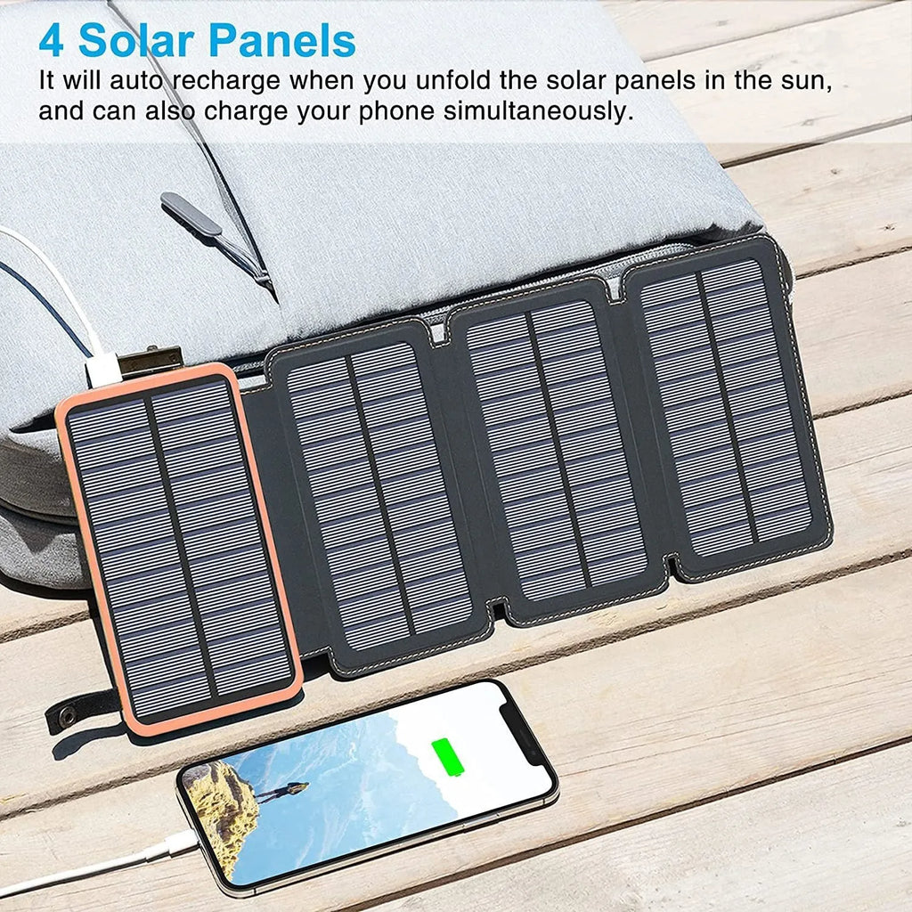 Outdoor rainproof solar phone charger with LED light in black, blue, green, or orange