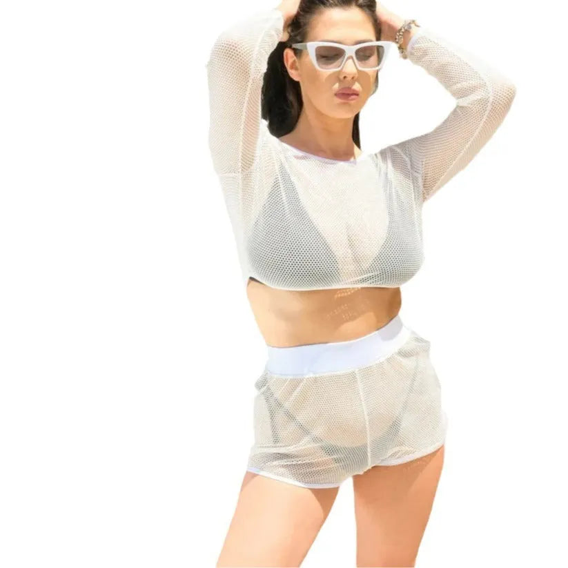 White transparent women's beach swimsuit set with top and skirt combination
