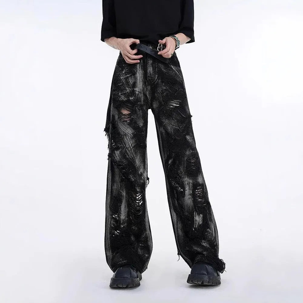Men's heavyweight denim jacket with graffiti style in long pants design, showing zipper fly opening and cotton construction