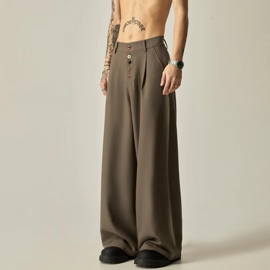 Men's solid colour wide-leg casual trousers in black or brown with straight-leg fit and button fly