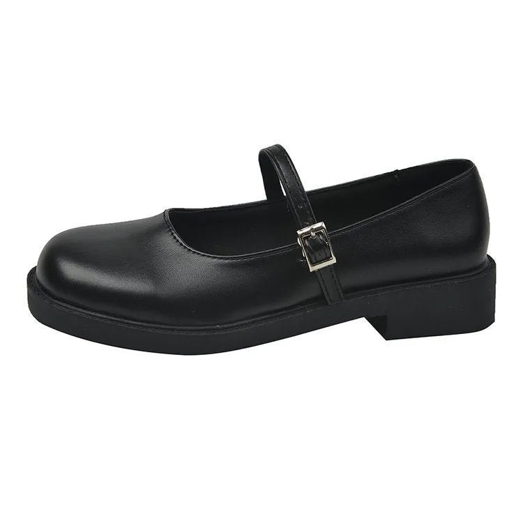 Women's solid colour French vintage flat shoes with round toe in red, light black, or matte black.