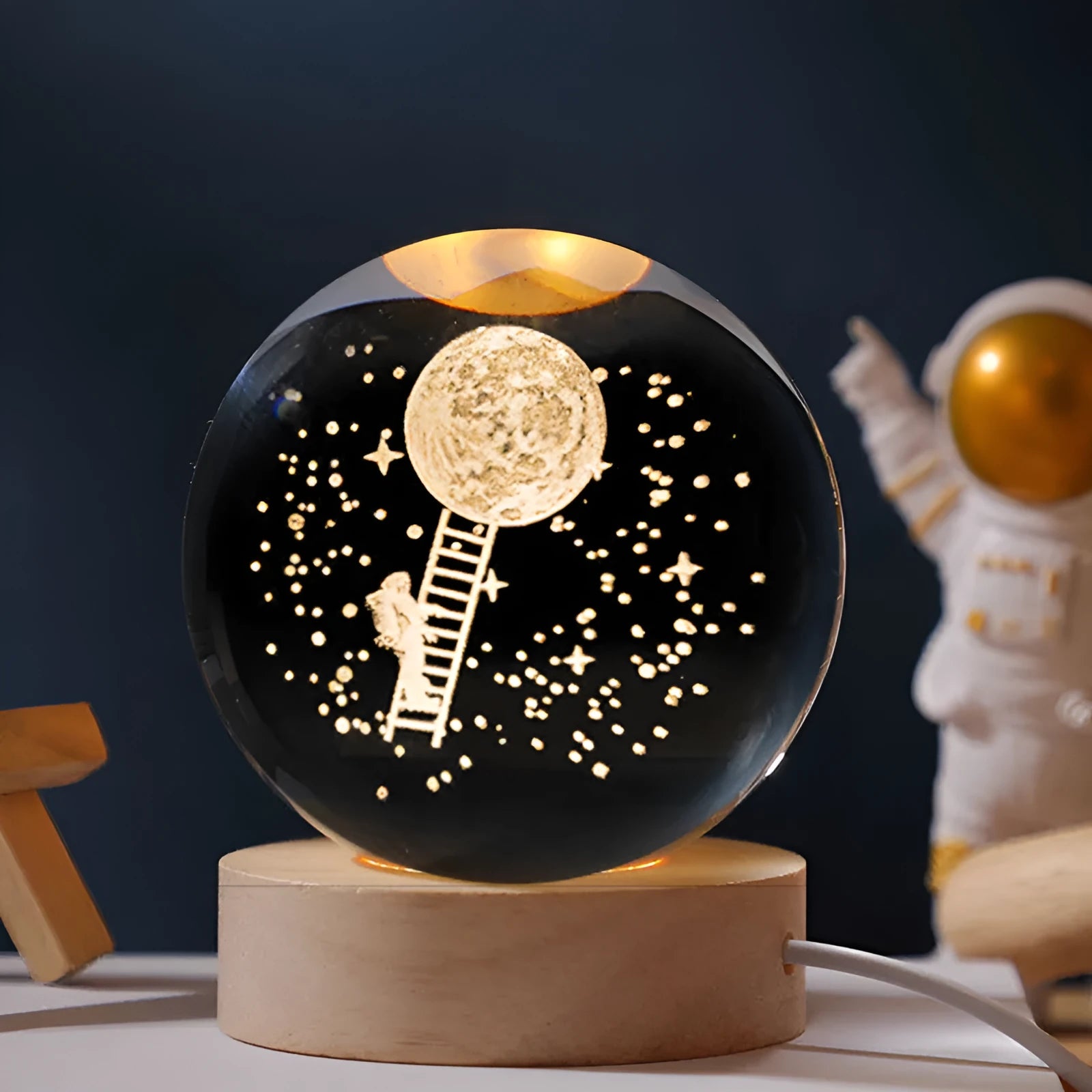 Starry sky luminous crystal ball on a round wooden base, USB powered, desktop decoration