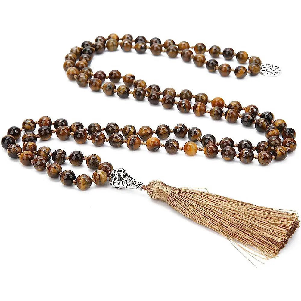 Handmade knotted beaded necklace with 108 natural stone beads in a simple geometric style on a white background