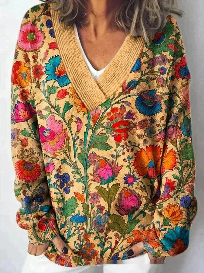 Women's floral print V-neck long sleeve sweatshirt with 3D pattern effect