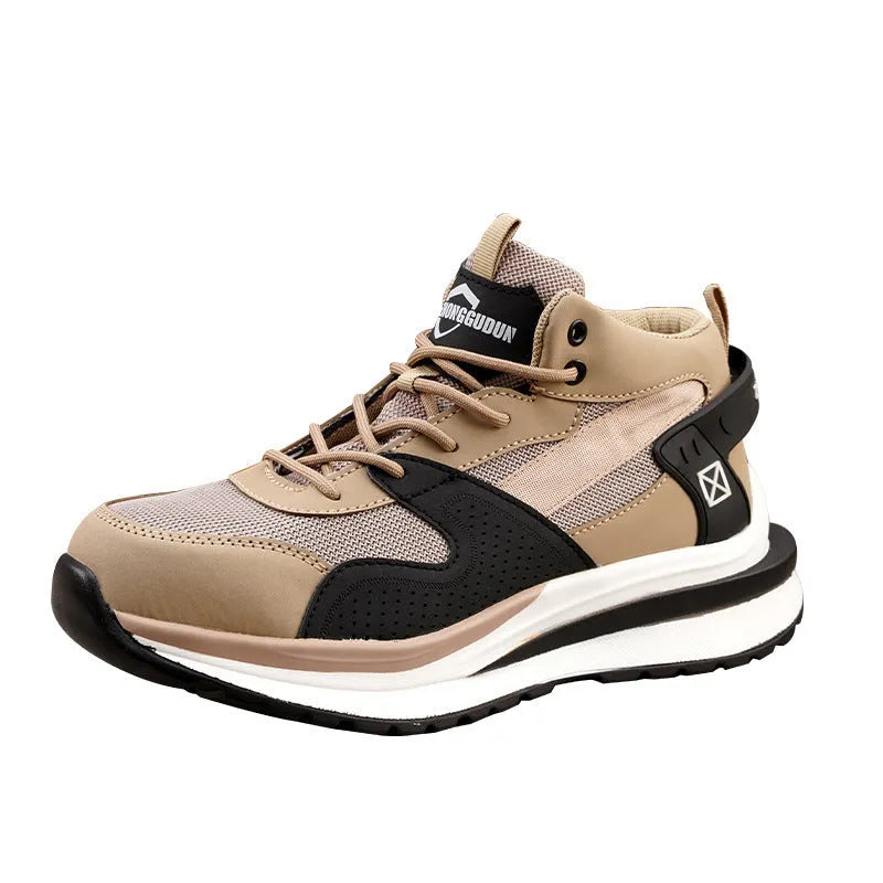 Anti-smashing steel toe labour protection shoes, flat knitted upper, rubber sole, low top, available in black brown grey