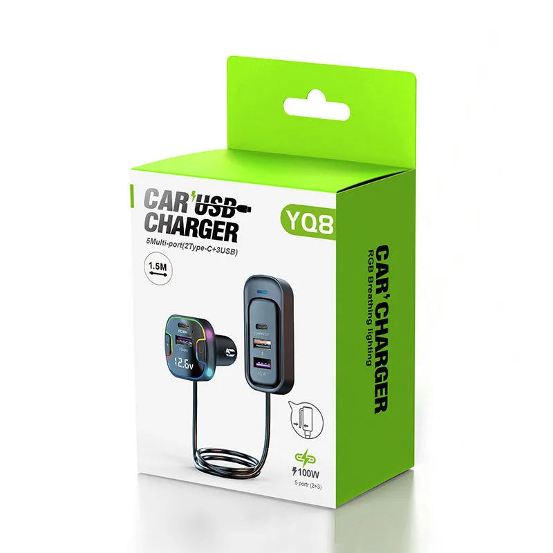 Car PD fast charger multi-interface 120W front rear YQ8 Black plugged into vehicle socket