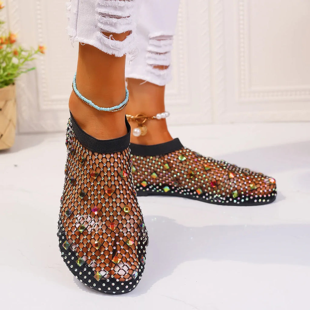 Women's flat mesh sandals with colourful rhinestone decoration on heel strap