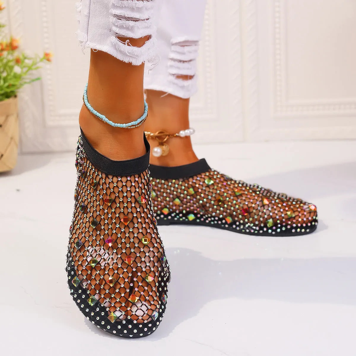 Women's flat mesh sandals with colourful rhinestone decoration on heel strap