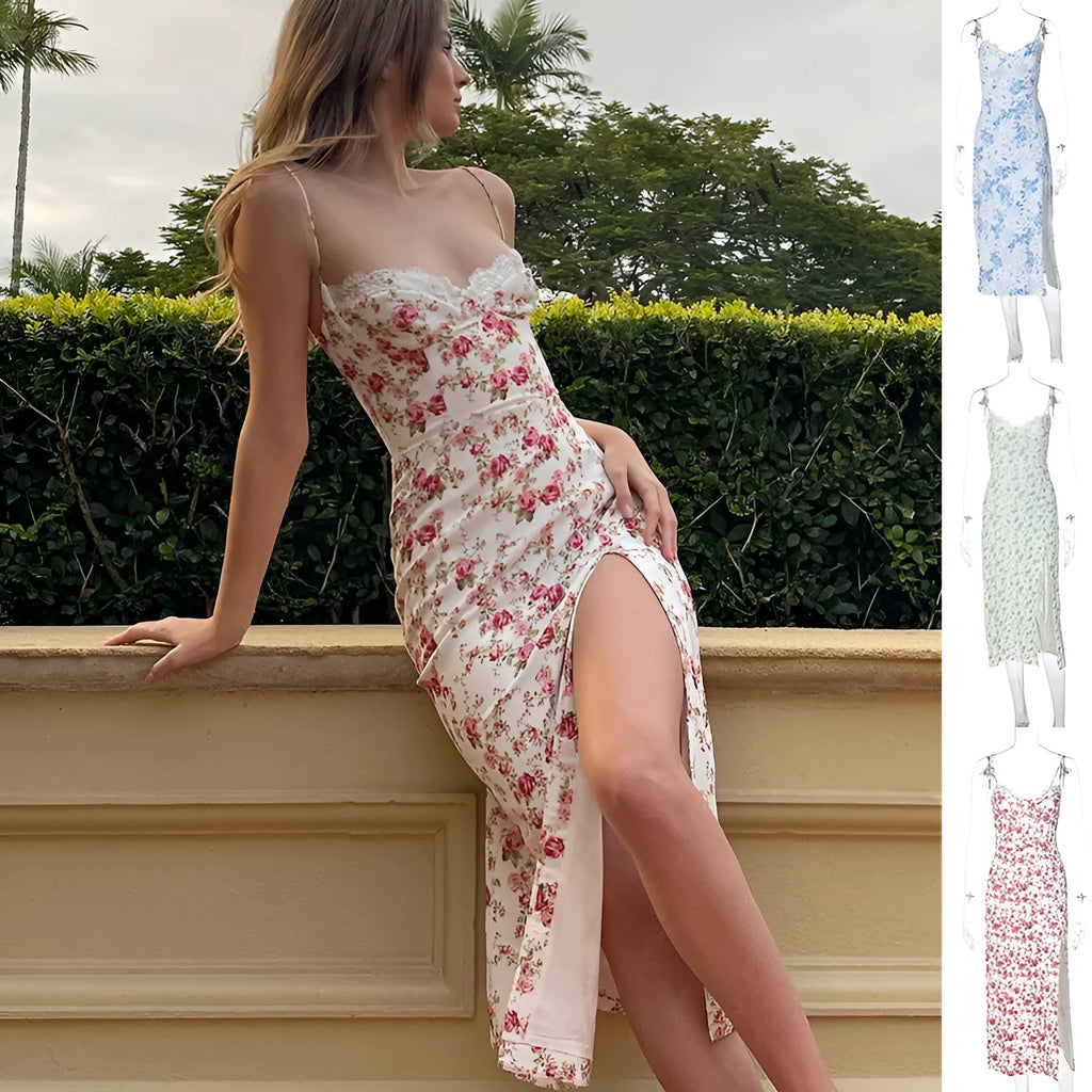 Women's long dress with lace flower print, high split, and suspender straps in blue colour.