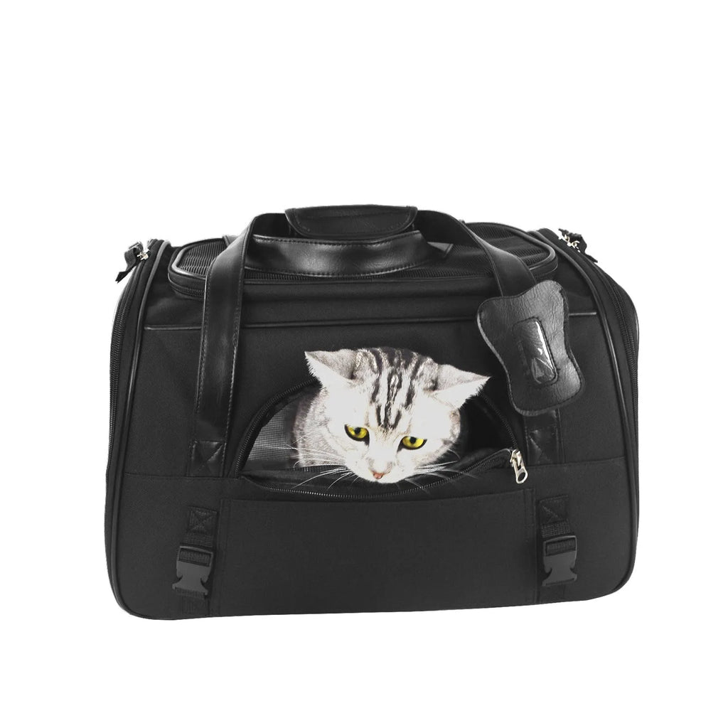 Small dog carrier travel car seat made of Oxford cloth in dark grey colour on a car seat