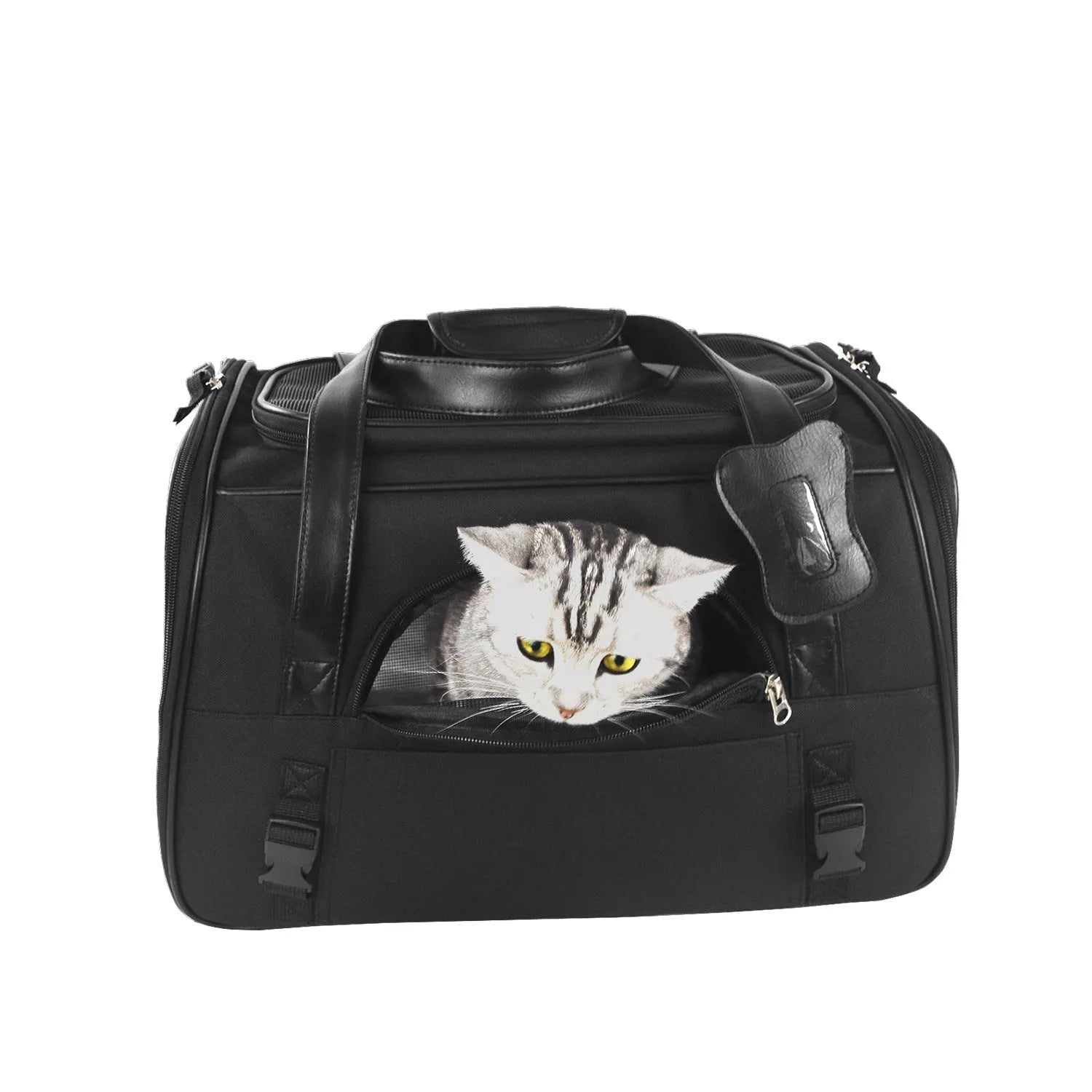 Small dog carrier travel car seat made of Oxford cloth in dark grey colour on a car seat