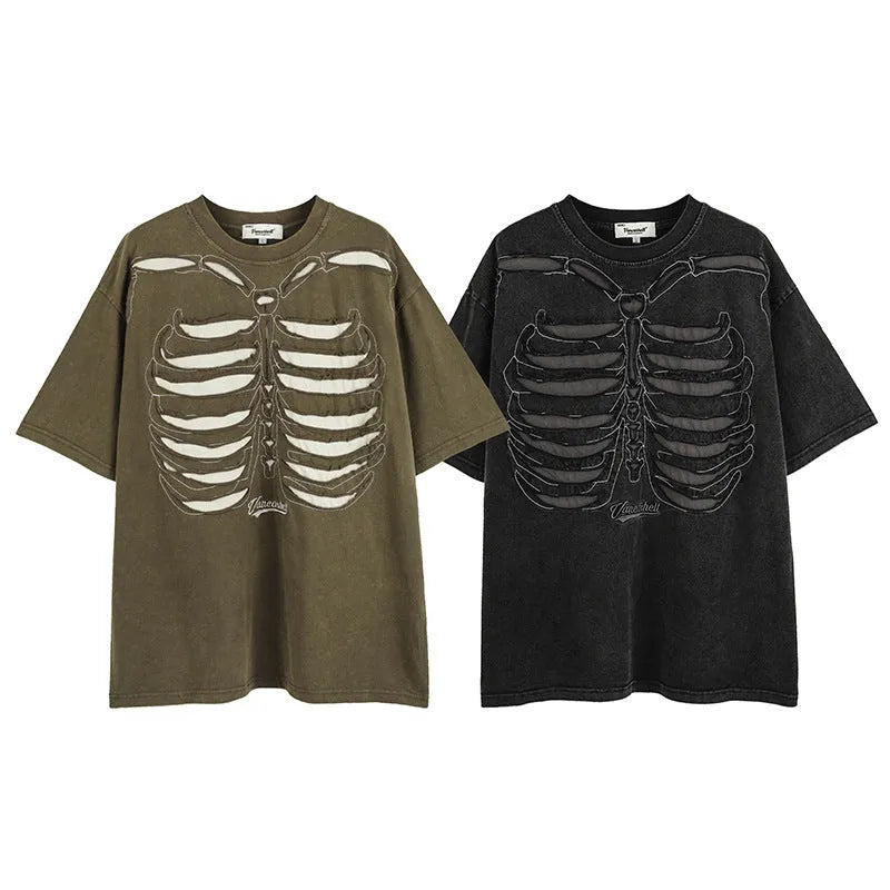 Men's black cotton t-shirt with skull and letter print, showing loose fit and drop-shoulder sleeves.